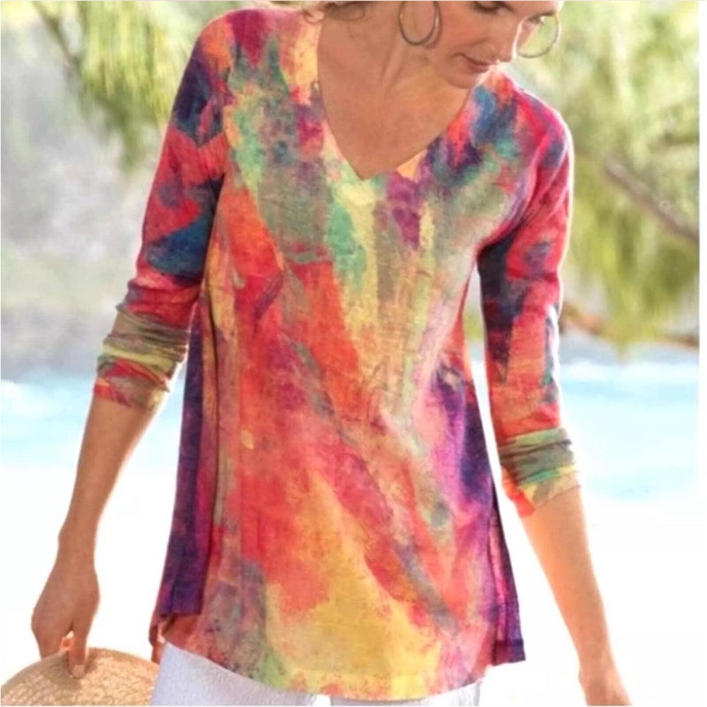 Soft Surroundings 1X Plein De Couleurs Tunic Long Sleeve Top Multicolor V Neck